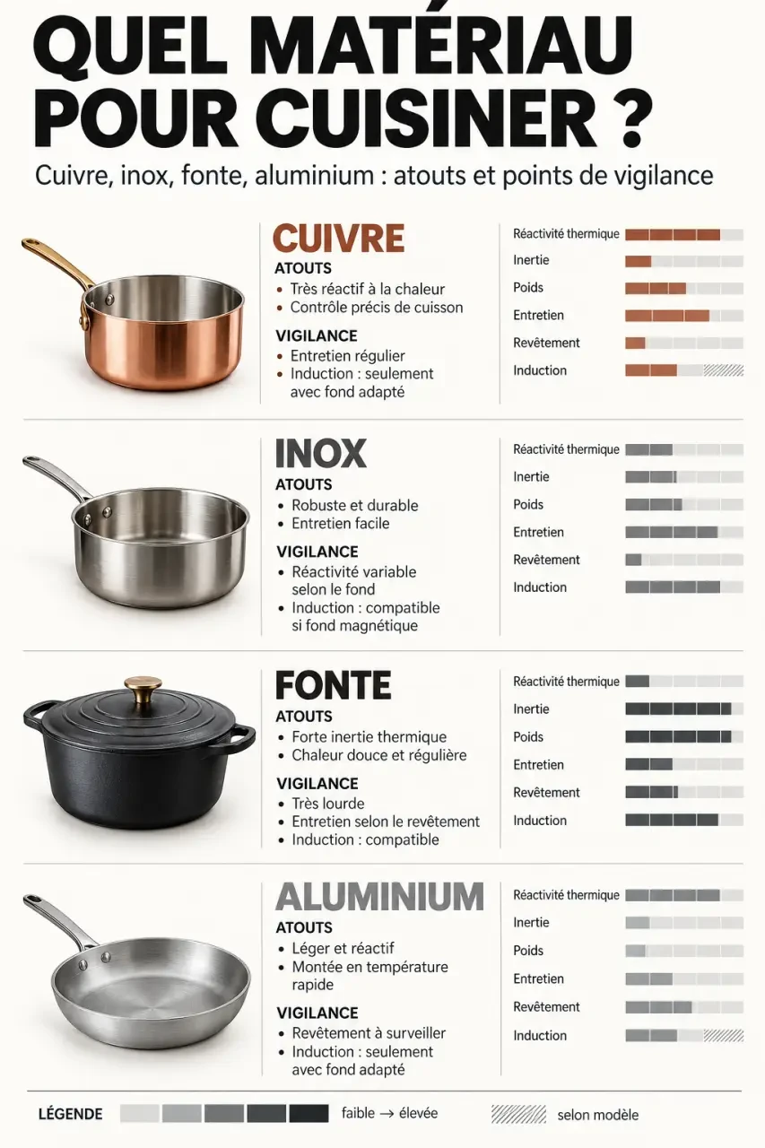Infographie comparative des ustensiles de cuisine en cuivre, inox, fonte et aluminium