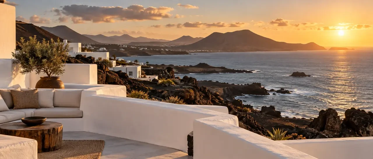 Location vacances Lanzarote avec terrasse blanche face à l’océan et paysages volcaniques
