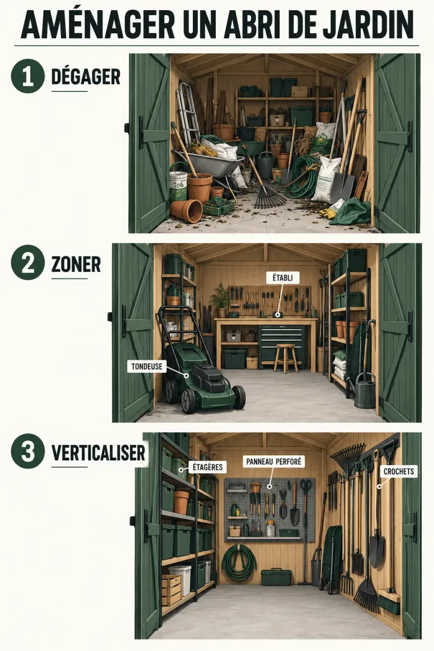 Illustration des étapes d'un aménagement d'abri de jardin avec zones de rangement et supports verticaux