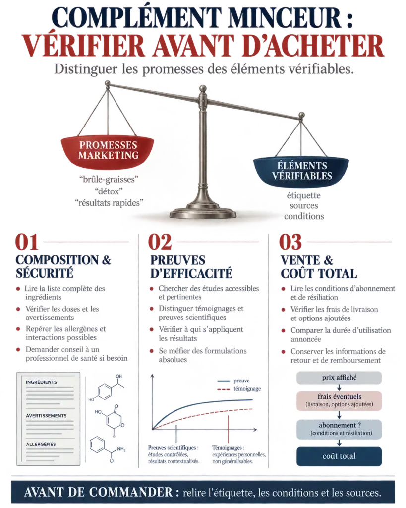 Avis Nourix : infographie des vérifications à effectuer avant l’achat d’un complément minceur