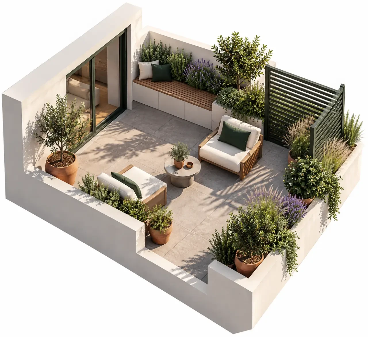 Aménagement intérieur et extérieur Primhome : terrasse et balcon végétalisés adaptés au terrain