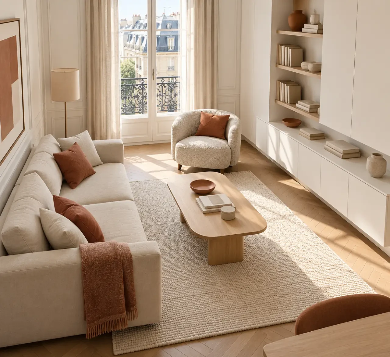 Aménagement intérieur et extérieur Primhome : salon fonctionnel aux couleurs harmonieuses