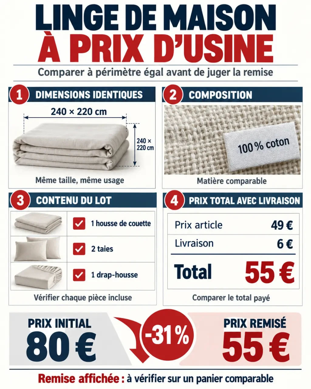 Infographie pour comparer du linge de maison prix usine selon les dimensions, la composition et la remise