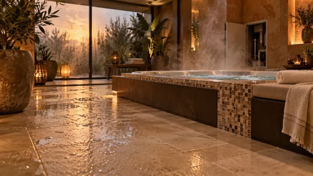 Idée aménagement spa intérieur : sol carrelé humide près d’un spa compact