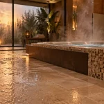 Idée aménagement spa intérieur : sol carrelé humide près d’un spa compact