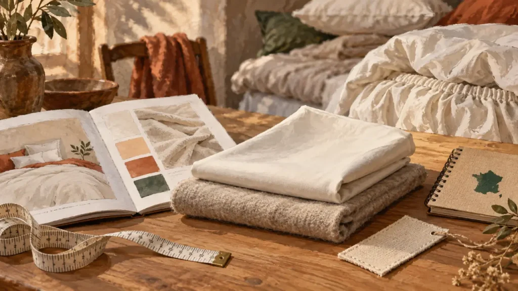 Linge de maison fabriqué en france : étiquette indiquant la fibre et les textiles