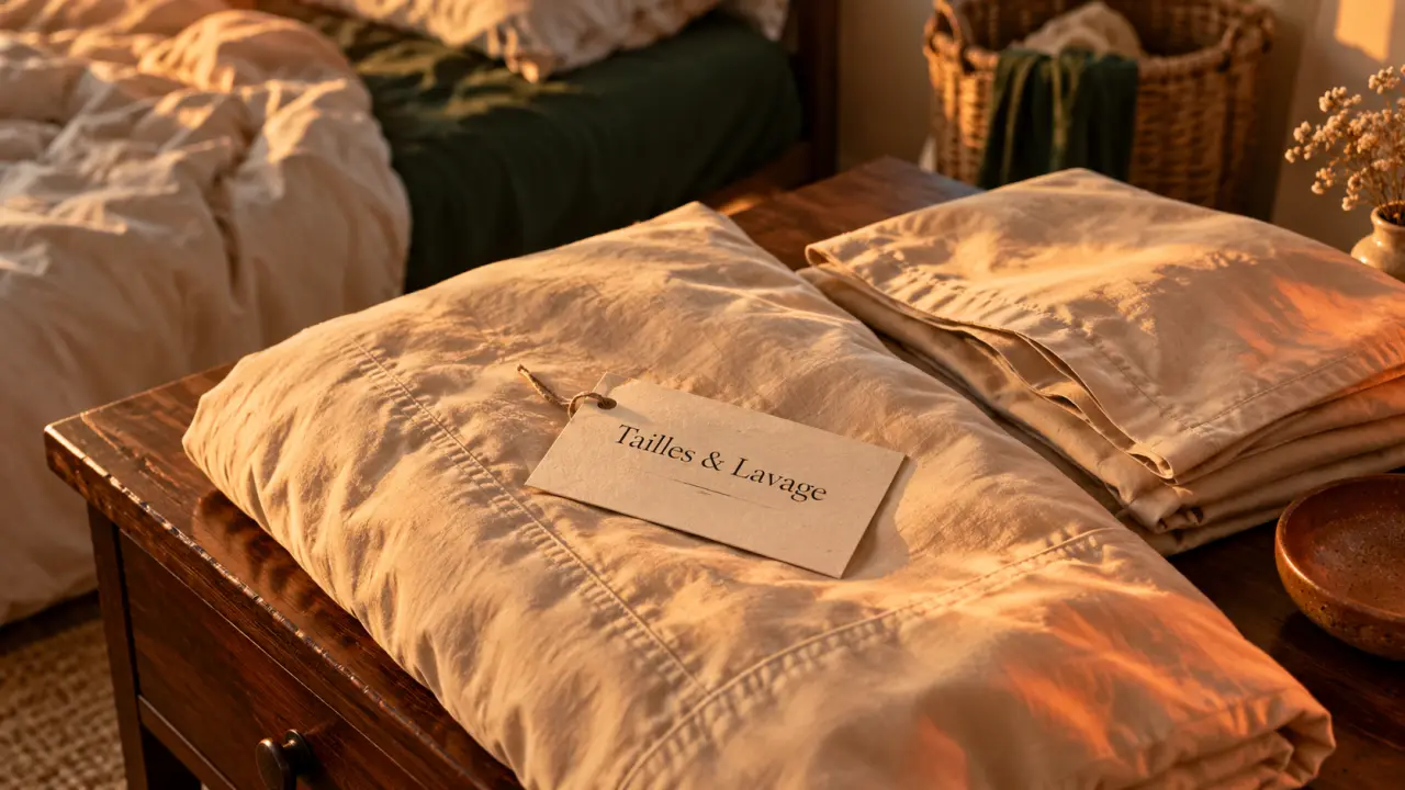 Linge de maison Jalla : housse de couette beige, étiquette Tailles & Lavage et dimensions