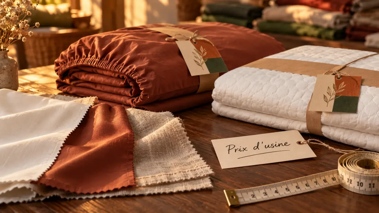 Linge de maison prix usine : remise linge de lit sur table bois