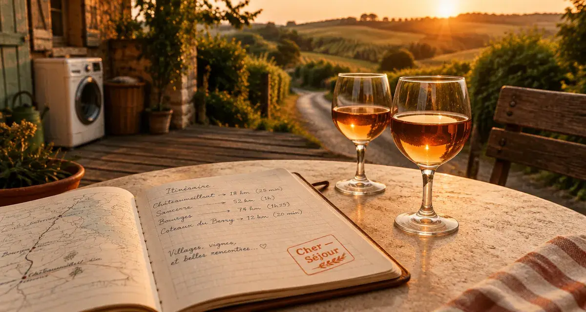 Location vacances cher : terrasse de maison en Berry, coucher du soleil