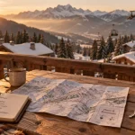 Location vacances les portes du soleil : balcon de chalet avec carte des pistes
