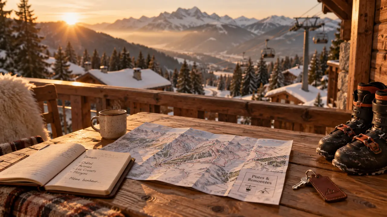 Location vacances les portes du soleil : balcon de chalet avec carte des pistes