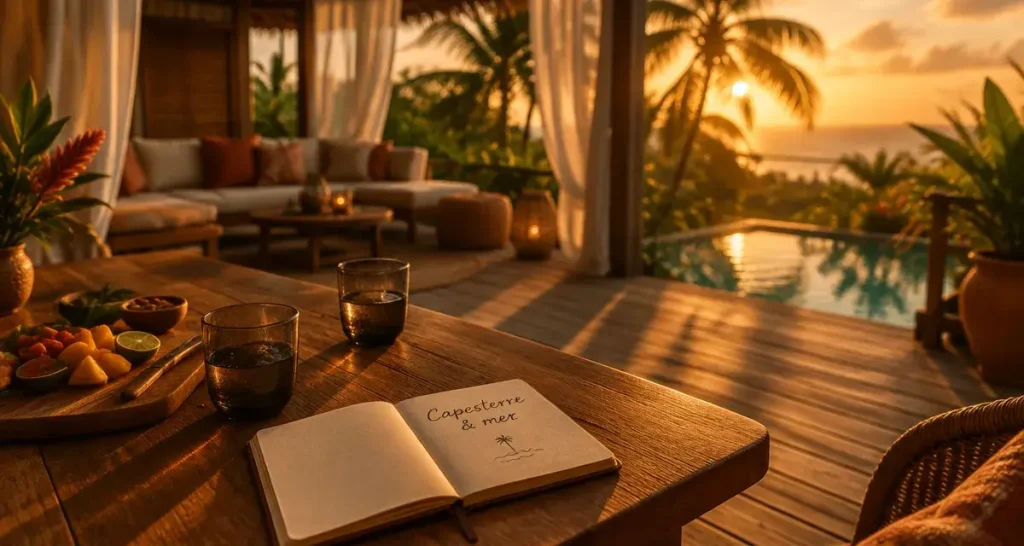 location vacances marie galante avec piscine privée, terrasse au golden hour