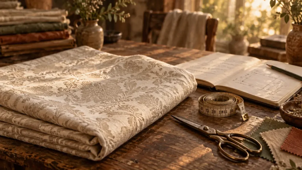 Maison du linge ancien : nappe en lin damassé beige crème, atelier linge ancien