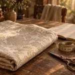 Maison du linge ancien : nappe en lin damassé beige crème, atelier linge ancien