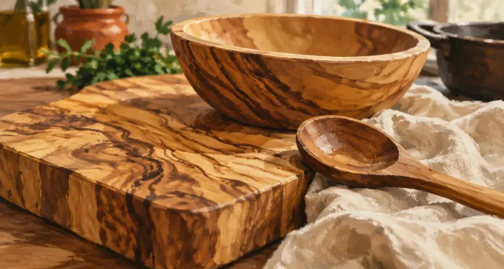 Ustensiles de cuisine en bois d’olivier : planche et cuillère huilées sur table