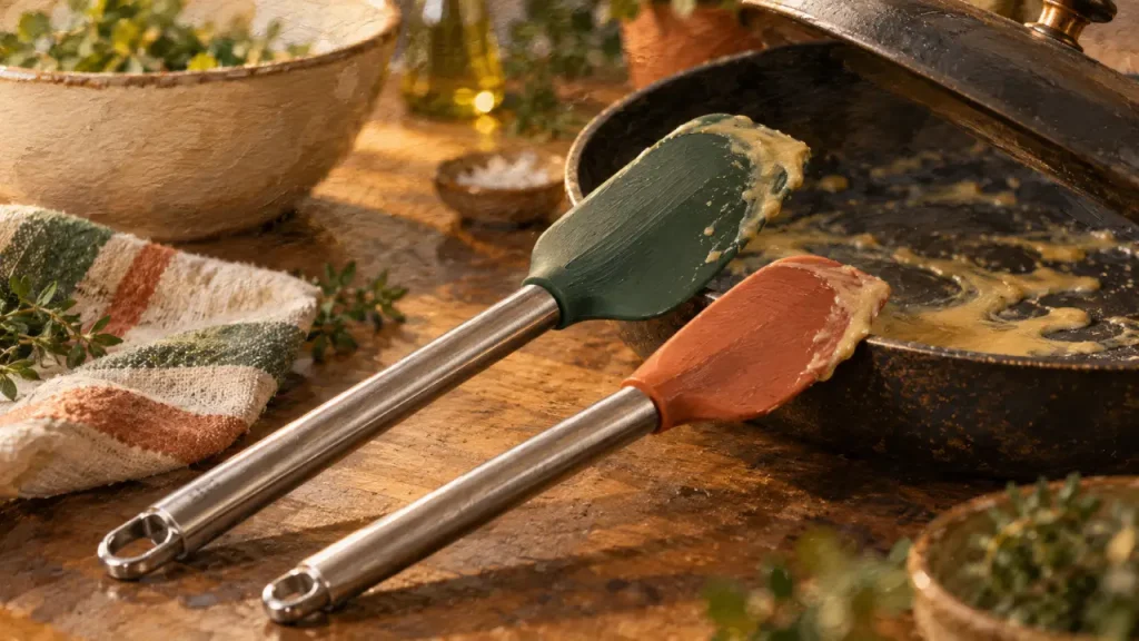 Ustensiles de cuisine en silicone posés contre une poêle antiadhésive